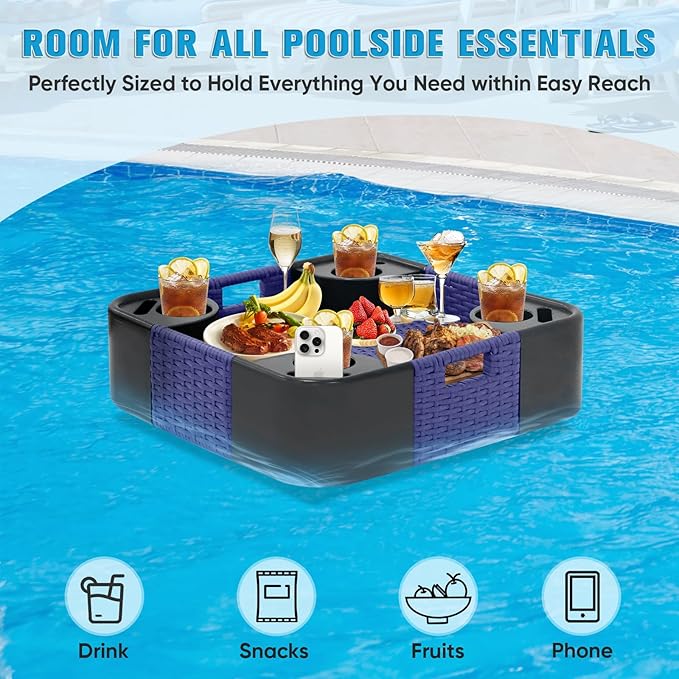 COOS BAY 24''x24'' Square Floating Drink Holder for Pool and Hot Hub, Large Floating Serving Tray with Handles, Wicker Floating Pool Tray for Food and Drinks, Blue