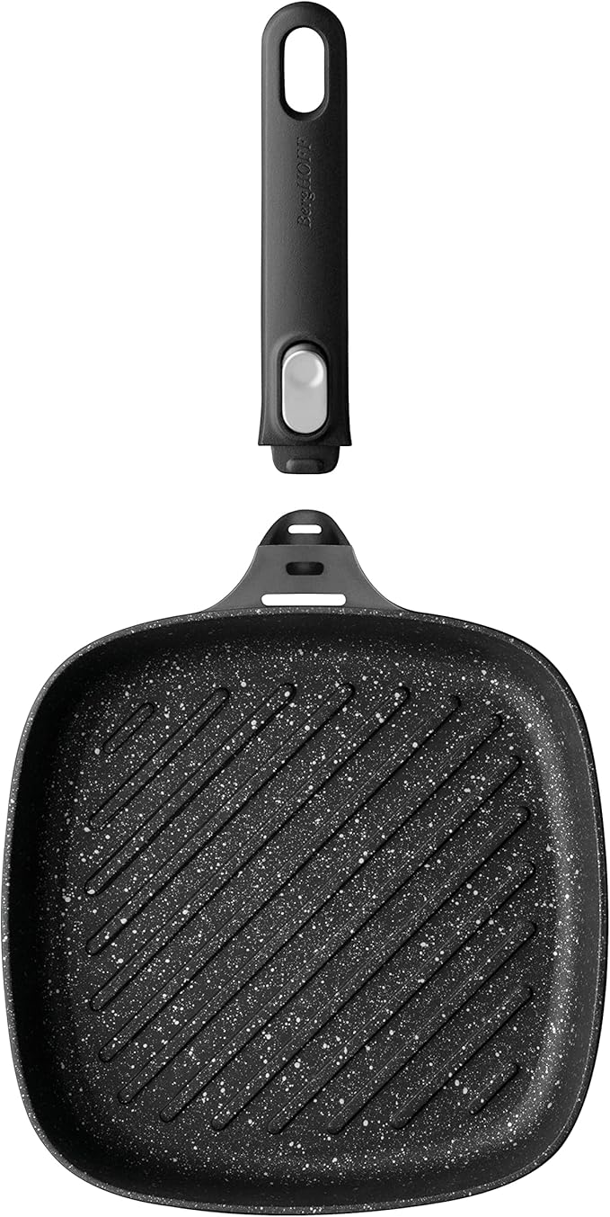 BergHOFF GEM Non-Stick Cast Aluminum Grill Pan 10" 2.4 qt. Square Stay-Cool, Detachable Handle Ferno-Green, PFOA Free Coating Induction Cooktop Fast Heating Oven Safe
