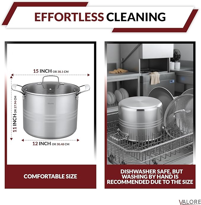 Valore 12 Qt Stainless Steel Stock Pot with Glass Lid – 5-Ply Soup Pot for Cooking & Canning – Heavy-Duty Large Cooking Pot with Brushed Stainless Finish & Riveted Handles