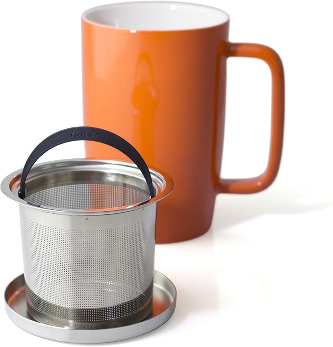 FORLIFE Dew Glossy Finish Brew-In-Mug with Basket Infuser & "Mirror" Stainless Lid 18 oz., Carrot