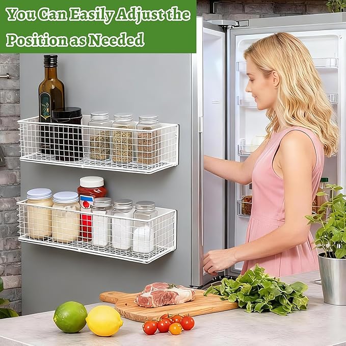2 Pack Magnetic Basket for Fridge, Magnetic Spice Rack for Side of Refrigerator, Magnet Wire Bin Basket Fridge Shelf Organizer Kitchen Classroom Whiteboard Pantry Office Laundry Storage, White