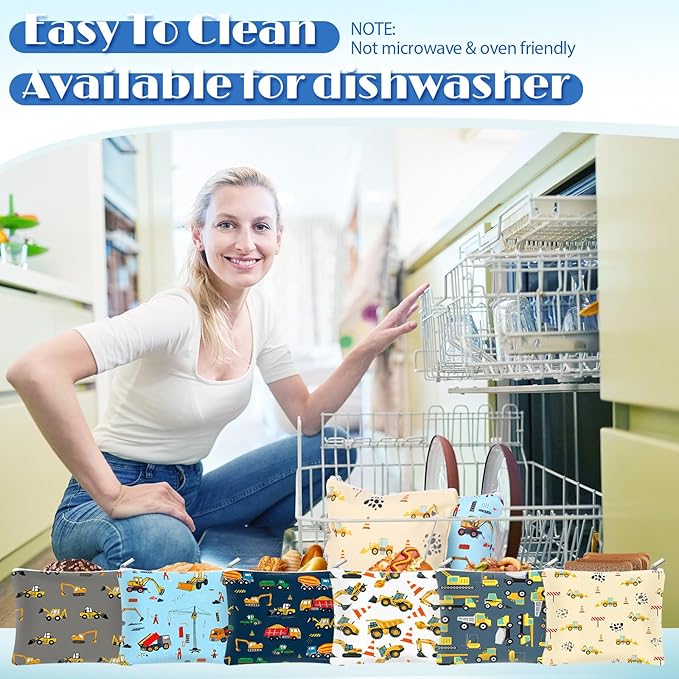 Chumia 6 Pcs Reusable Snack Bags Christmas Gifts Food Safety Washable Snack Bags Lunch with Zipper Portable Sandwich Bag Food Storage Pouch Double Layer(Truck,7 x 7 Inches)