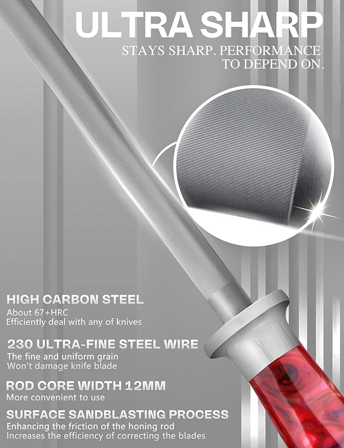 WILDMOK Professional Honing Rod 9" - Chrome Coated High Carbon German Stainless Steel Knife Sharpener Honing Steel - Knife Sharpening Rod Designed to Last a Lifetime
