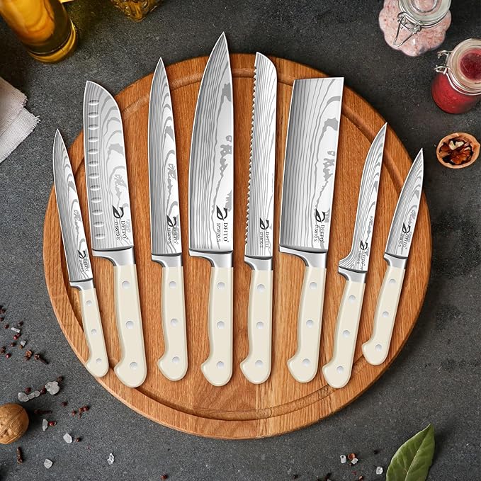 Dfito Chef Knife Set with Roll Bag, 9 Piece Professional Stainless Steel Japanese Kitchen Knife Set with Ergonomic Handle for Professional Chef, Dishwasher Safe, Camping, Travel, BBQ, RV or Gift Beige