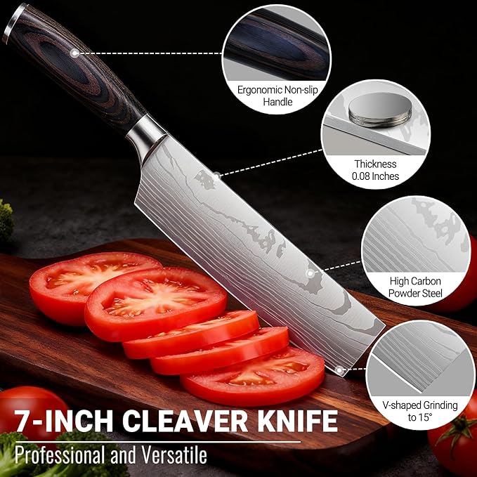 Nakiri Knife 7 Inch Sharp Meat Cleaver and Vegetable Kitchen Knife Damascus Asian Chef Knife for Home and Kitchen with Ergonomic Handle High Carbon Stainless Steel knife Chef Cooking Gift