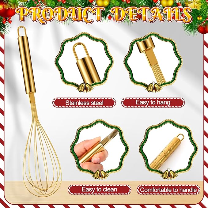 24 Sets 10 Inch Christmas Whisk Gifts Bulk Include Gold Stainless Steel Whisks Cards Bags Ribbons, Egg Beaters DIY Cooking Party Favors for Neighbor Employee Xmas Stocking Stuffers Idea