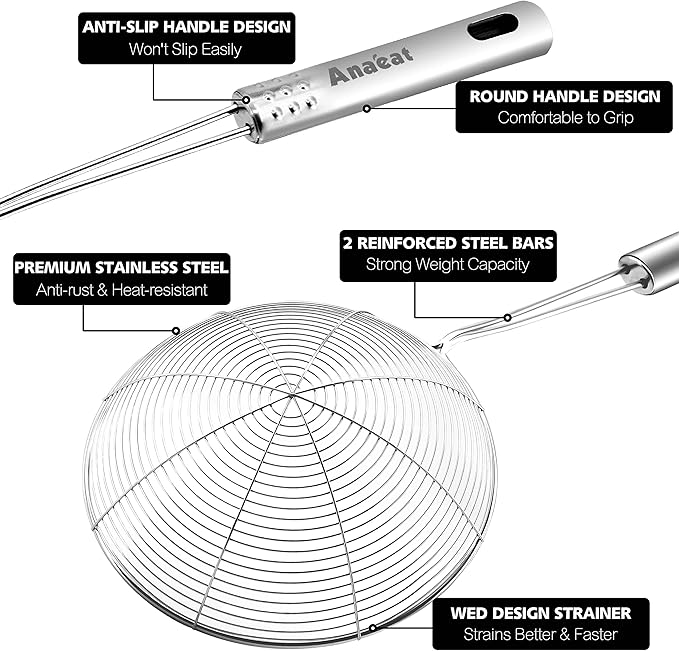 Anaeat 4.5" Stainless Steel Spider Skimmer, Professional Kitchen Pasta Strainer Spoon with Long Handle - Asian Strainer Ladle Wire Skimmer Spoons for Cooking and Frying