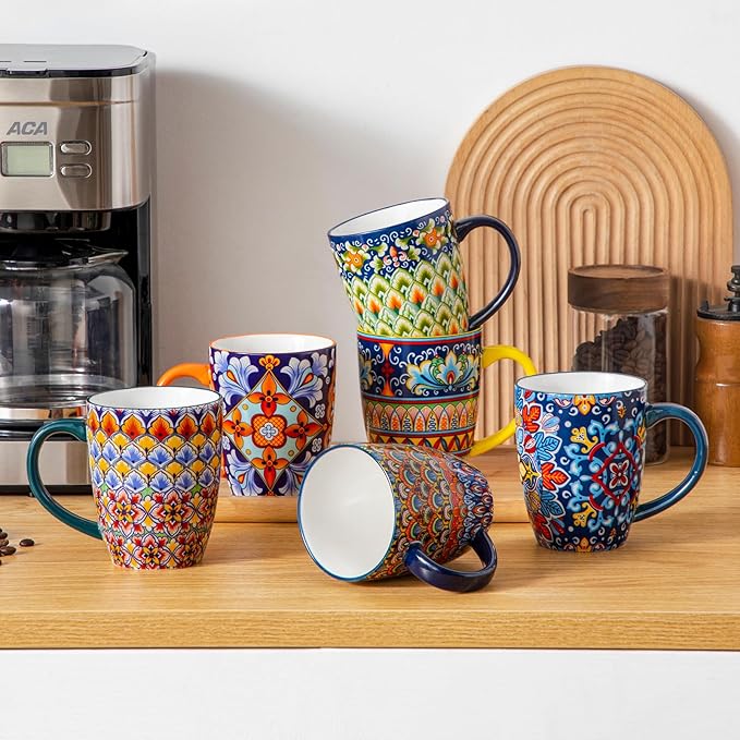 vancasso 16 oz Coffee Mugs Set of 6, Large Ceramic Mug with Handle, Boho Coffee Cups for Latte, Cappuccino & Hot Chocolate, Dishwasher & Microwave Safe Gift Set, Series SIMI