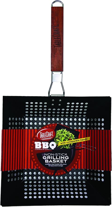 TableCraft BBQ Nonstick 21-Inch Square Grilling Basket with Wood Handle, Small, Black