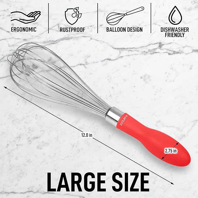 Zulay Kitchen Stainless Steel Balloon Whisk 12 Inch – Heavy Duty and Durable Wire Whisk with Non-Slip Silicone Handle for Blending, Whipping & Beating - Red