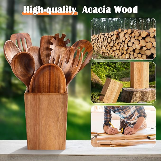 Wooden Spoons for Cooking, 11 Pcs Wood Cooking Utensils Set with Holder, Natural Acacia Wooden Kitchen Tools, Nonstick Cookware, Easy Clean, Kitchen Utensil Set for Mom, Wife Cooking Gifts