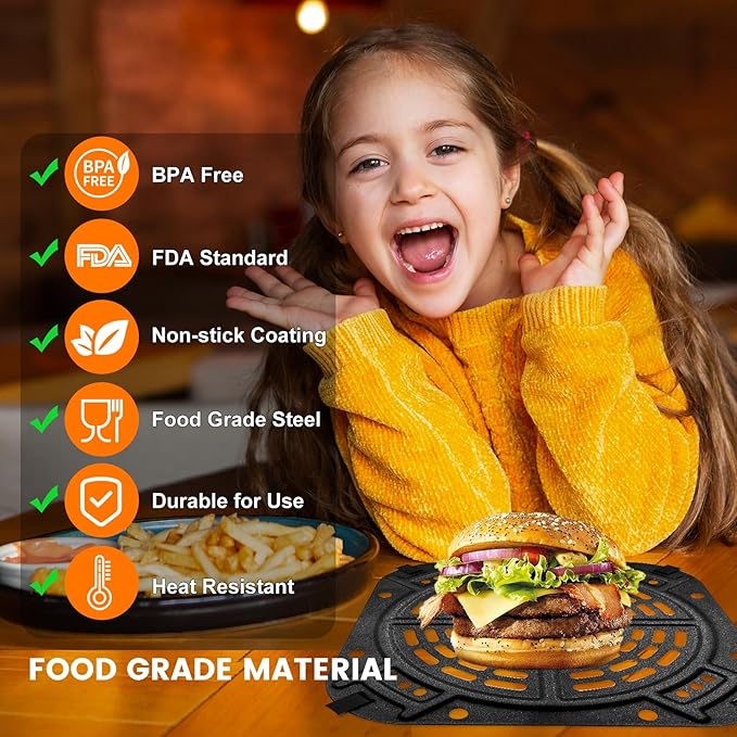 GCQ Air fryer Accessories for Ninja 5QT 4 in 1 Pro AF141, 8.5''×8.5'' Air Fryer Grill Pan Grill Plate Crisper Plate Replacement Parts Tray Rack for Ninja 5QT 5 in 1 Air Fry Max AF142, Dishwasher Safe