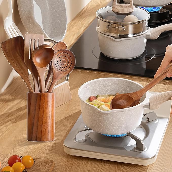 Wooden Kitchen Utensil Set, 9-Piece Cooking Tools with Holder and Spoon Rest, Wooden Spoons for Cooking
