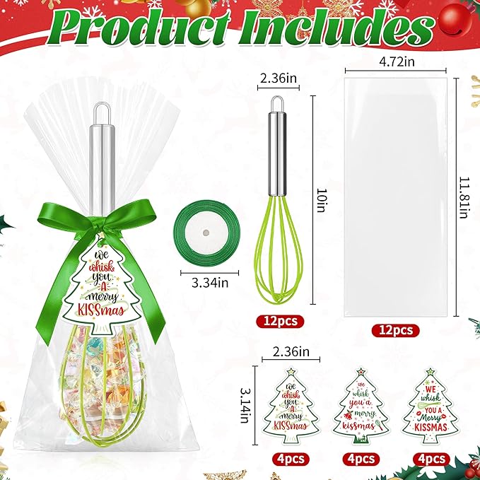12 Sets 10 Inch Christmas Whisk Baking Gifts, DIY Fillable Christmas Tree Ornaments, Xmas Colored Silicone Whisks for Xmas Employee Neighbor Cooking Supplies Xmas Stocking Stuffers Candy Holder