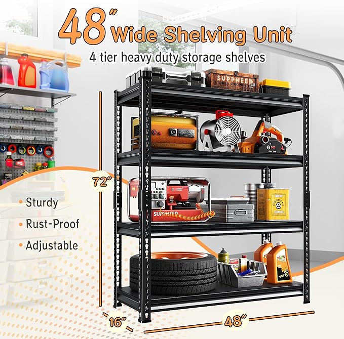 48''W Utility Garage Shelves: 2,000Lbs Heavy Duty Steel Metal Adjustable Shelving Storage Industrial Rack Units 4 Tier Black 48" W x 16" D x 66" H