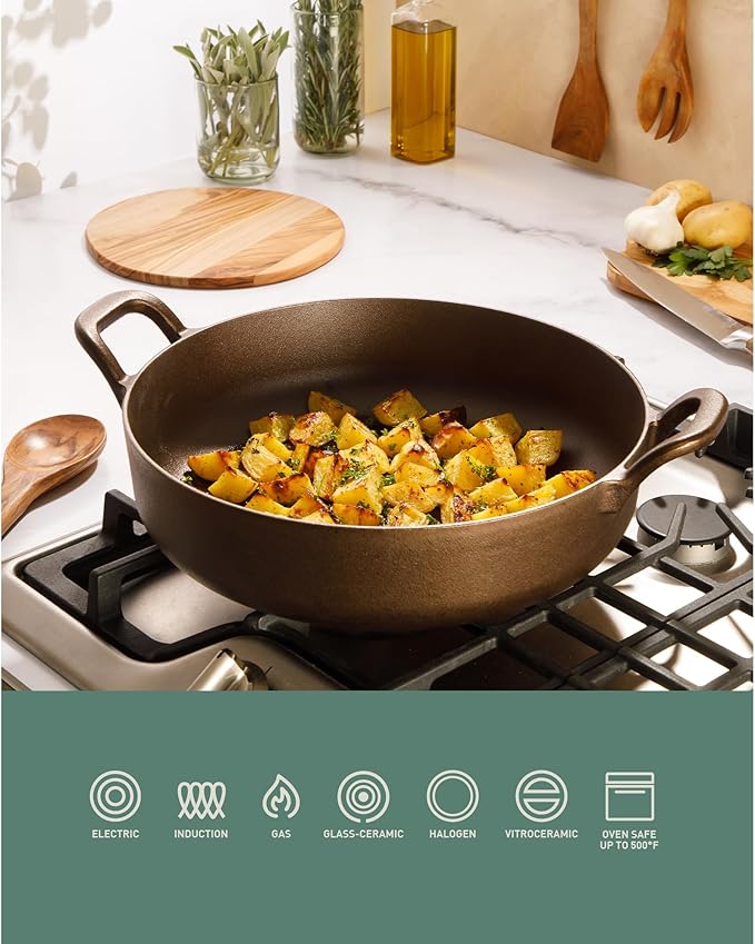 Bloomhouse - Two Time Oprah's Favorite Things Winner - Natural Bronze Finish 13" Round Cast Iron Everyday Pan – Olive Oil Treated Surface w/Dual Handles Olive Wood Trivet Oven Stovetop Campfire Safe