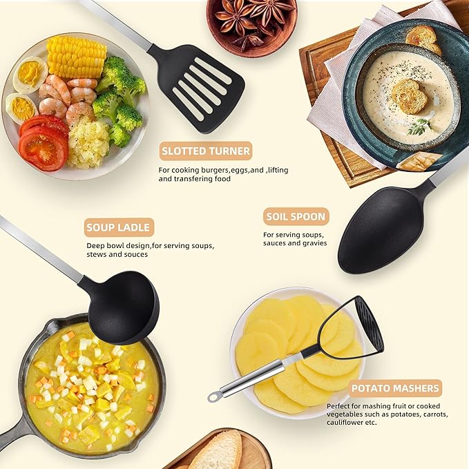 TJ POP Kitchen Utensils Set 7 Pcs, Premium Stainless Steel Heat Resistant Cooking Utensils Sets, Kitchen Gadgets Accessories Tools for Non-stick Cookware (BPA Free)