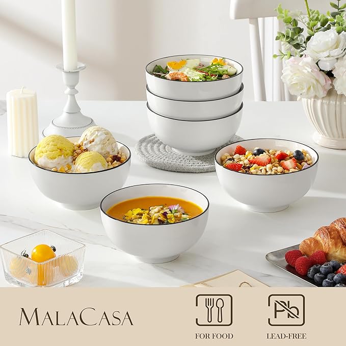 MALACASA Ceramic Soup Bowls, 26Oz Cereal Bowls Set of 6 for Soup, Cereal, Oatmeal, Fruit, Rice - Porcelain Serving Bowl for Kitchen, Dishwasher and Microwave Safe, Series Regular