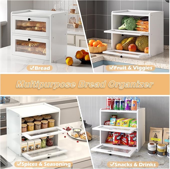 Double Layer Large Bread Box for Kitchen Counter, Wooden Corner Bread Storage Container with Acrylic Window, White
