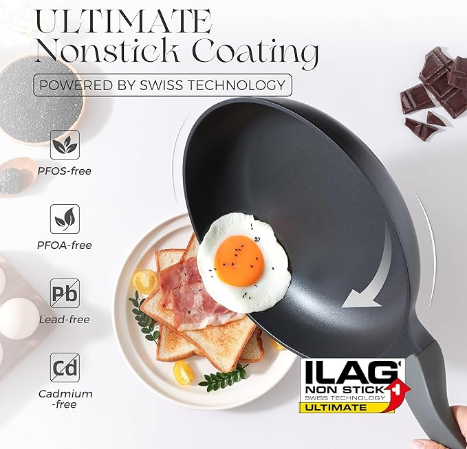 PRICUSIS Nonstick Frying Pan with Lid, 8/10 Inch Skillet with Stay Cool Handle, Fully Coated, Induction Compatible & Oven Safe, 100% Dishwasher Safe, PTFE & PFOA Free（8 Inch, Black Sesame）