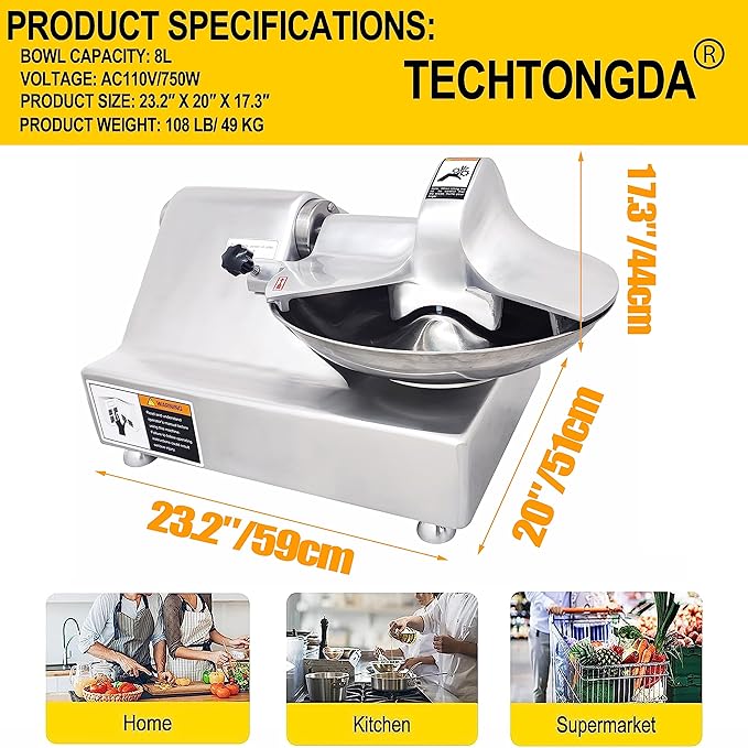 TECHTONGDA 110V Commercial Food Processor, 8L Electric Food Chopper Vegetable Cutter, Meat Grinder, Meat Bowl Cutter Chopper Machine for Vegetables, Grain, Nuts, Ginger, Garlic