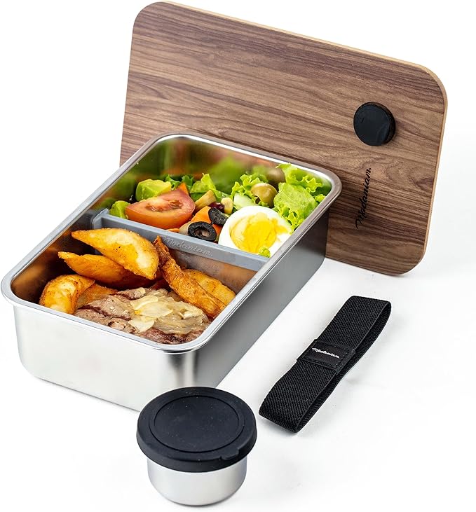 Leak Resistant Stainless Steel Bento Box Adult |Stainless Steel Lunch Box|44Oz| Metal Lunch box | BentoBox|Lunchbox| Lunch Container Adult| Bamboo Lid|Sandwich , salad Food Storage Compartment SIlver
