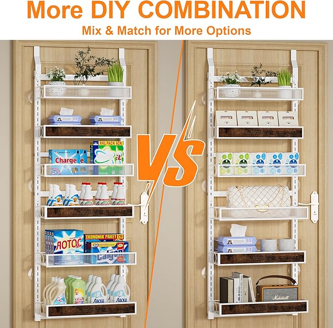 Over The Door Pantry Organizer,6 Tier Hanging Door Spice Rack with Adjustable Wood Basket and Acylic Basket,Metal Heavy Duty Door Storage Shelf for Kitchen Pantry and Bathroom