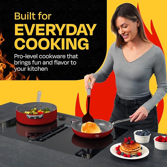 Guy Fieri's Flavortown 15-Piece Ceramic Cookware Set, Nonstick Pots and Pans for Cooking, Easy-Clean Kitchen Cookware, Made without PFAS PTFE PFOA, Induction Compatible, Oven & Dishwasher Safe, Red