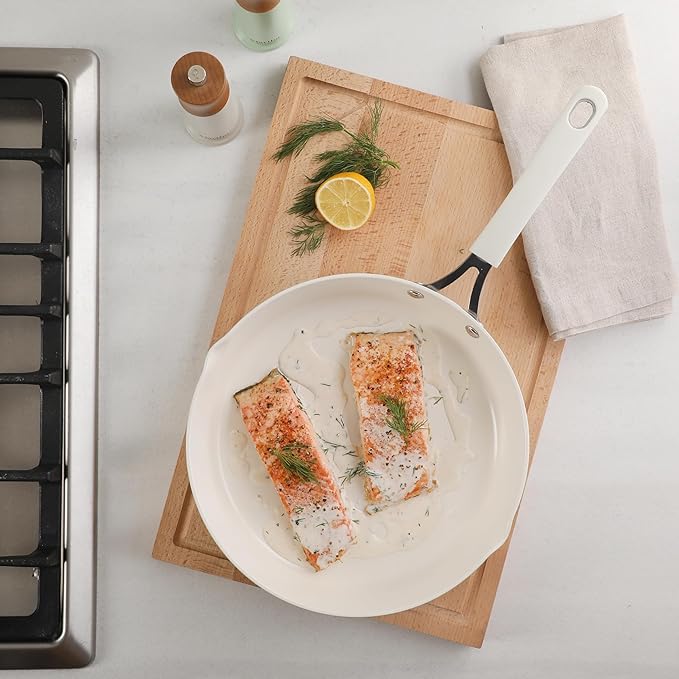 Martha Stewart Heathland 11 Inch Aluminum Fry Pan with Premium Ceramic Non-Stick Coating - Kitchen & Omelet Pan, Linen White, Induction Safe