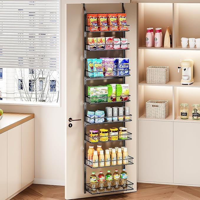 Over The Door Pantry Organizer, 8-Tier Over The Door Organizer with Adjustable Baskets, Metal Hanging Spice Rack for Pantry Organizers and Storage, Suitable for Kitchen Laundry Room & Bathroom,Black