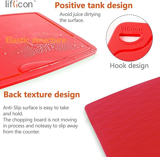 Liflicon Thick Cutting Boards for Kitchen Silicone Chopping Board Set of 2 Mid 12.6'' x 9.1”,Mini 9.1”x7.1” Non-slip Deep Drip Juice Groove Easy Grip Handle,Dishwasher Safe-Red