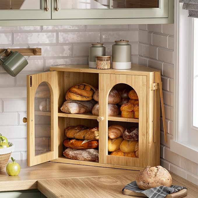 WOWLIVE Corner Bread Box for Kitchen Countertop, 2 Tier Bamboo Bread Storage Container for Homemade Bread with Clear Acrylic Door Panel, Large Bread Bin Farmhouse Breadbox Organizer (Natural, Medium)