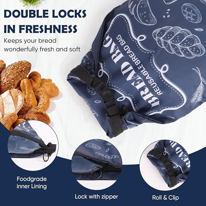 Bread Bag, 2 Packs Reusable Sourdough Storage Bag With Zipper for Homemade Loaf- Large Freezer Container Bread Box to Keep Bread Fresh (Black, L)
