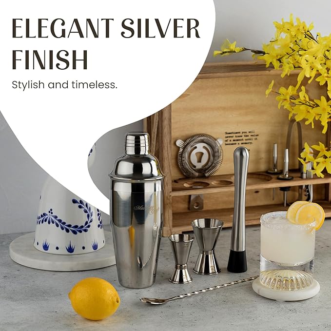Mixology & Craft 11-Piece Cocktail Shaker Set, Bartender Kit with Stand, Stainless Steel Bar Tools, Dual Jiggers, Muddler & Pourers, Wood Display for Home Bar - Gift Ready (Silver)
