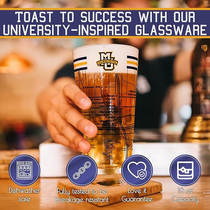 Greenline Goods – University of Marquette Golden Eagles College Pint Beer Glasses (Set of 2), 16 oz – Full-Color Logo + Campus Map