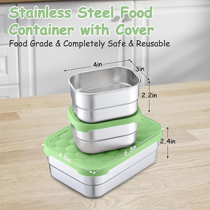 Homikit 3 Pack Kids Lunch Box Set, 18/10 Stainless Steel Bento Boxes with Silicone Lids Leak Proof, 5 Cups Reusable Metal Food Snack Containers for School Daycare, Nontoxic & Dishwasher Safe, Green