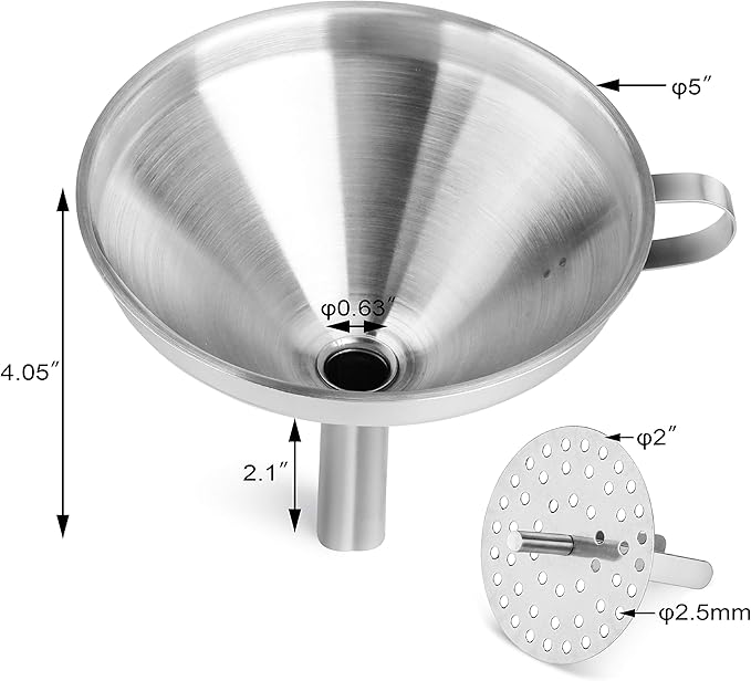 New Star Foodservice Stainless Steel Funnel with Detachable Strainer/Filter, 5", Silver