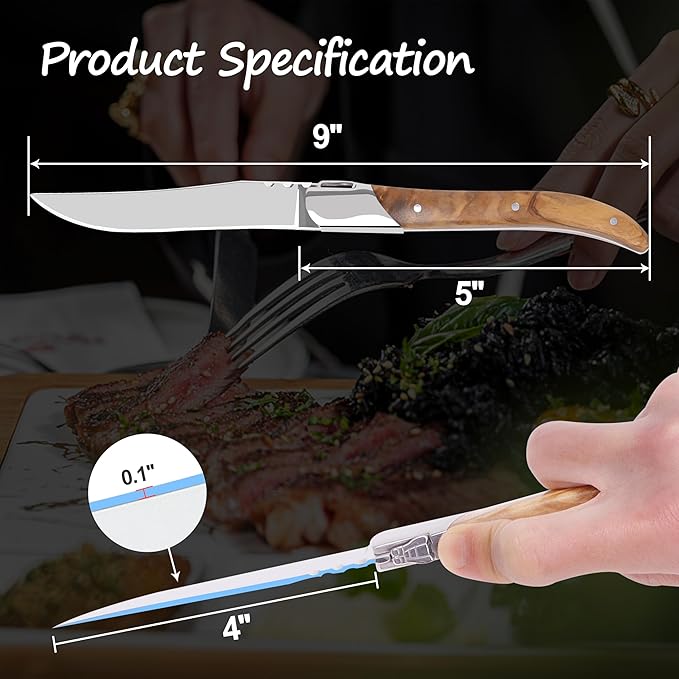 Laguiole Style Steak Knife Set of 8, Non-serrated Steak Knife Set with Olive Wood Handle, Sharp Stainless Steel Steak Knives with Gift Box, Dinner Cutlery Set for Home Party