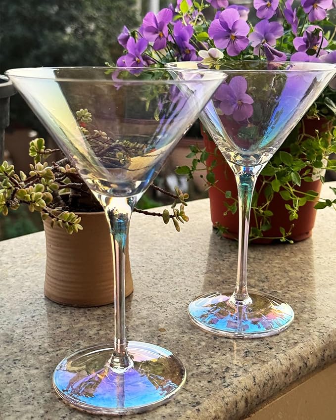 Iridescent Martini Glasses Set of 4-9 oz, Handmade Premium Crystal Cocktail Glasses, Martini, Cosmopolitan, Manhattan, Gimlet, Pisco Sour, Christmas Gifts for Men Women, Iridescent