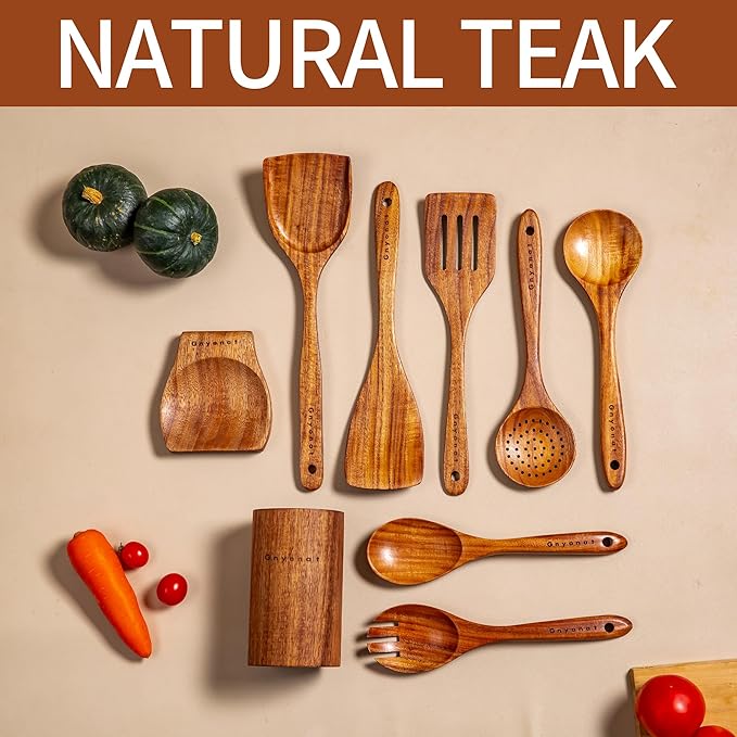 Wooden Spoons for Cooking,9 Pcs Teak Kitchen Utensil Set Wooden Cooking Utensils Wooden Spatula for Cooking