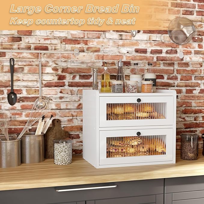 Double Layer Large Bread Box for Kitchen Counter, Wooden Corner Bread Storage Container with Acrylic Window, White