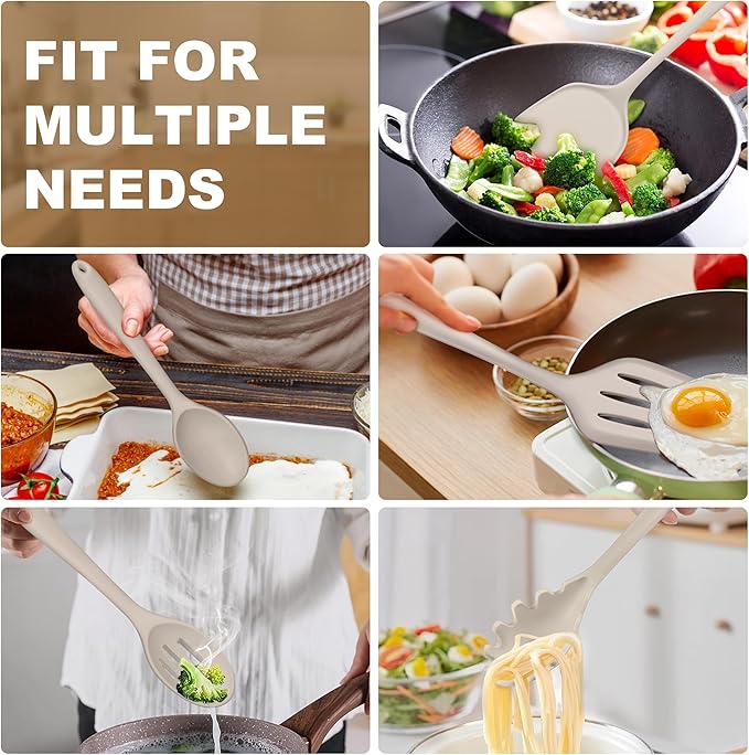TeamFar Silicone Cooking Utensils Set, 5-Piece Heat Resistant Kitchen Utensils Set, Nonstick Slotted Solid Spoon Turner Pasta Server for Frying, Serving, Mixing, Non-Toxic & Dishwasher Safe, Khaki