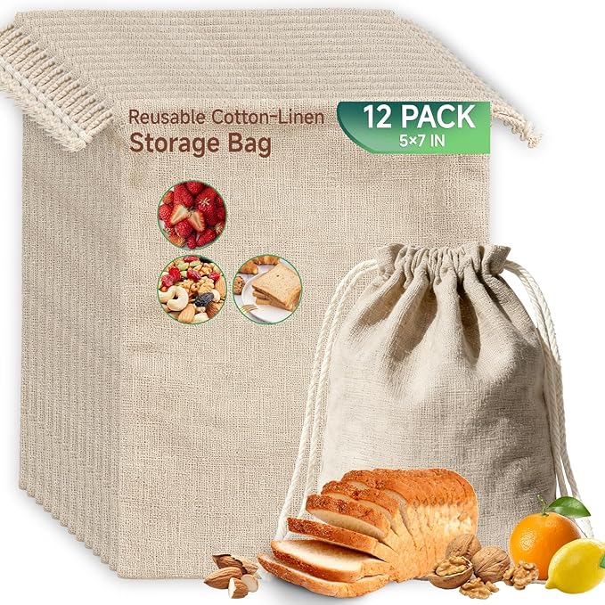 Simple&Opulence 12-Pack 5” x 7” Linen Cotton Drawstring Bags Reusable Grocery Sacks, DIY Craft Sachet Sacks Storage Cloth Bags for Party Wedding Home Bulk Produce Bags, Washable, Natual Linen