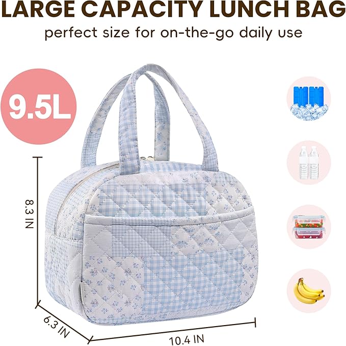 Quilted Lunch Box for Women,Cute Blue Patchwork Lunch Bags for Work, School,Office,Picnic,Travel(green blue pin)