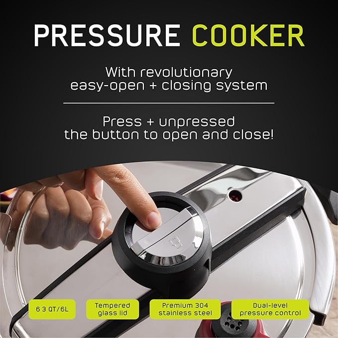 Universal (6.3 Qt/6 Liter) Silver Express Pressure Cooker + Extra Glass Lid, (15 PSI/100 kPa) with Easy Opening System, Ultra Safe Stainless Steel Pressure Cooker