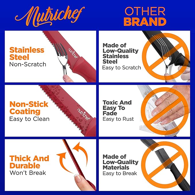 NutriChef SereneLife Stainless Steel Knife Set, 8 Pcs. - Non-Stick Coating, Sharp Serrated Blades, Professional Kitchen Set, Rust-Resistant, Dishwasher Safe, Ideal for BBQ & Grilling, Red