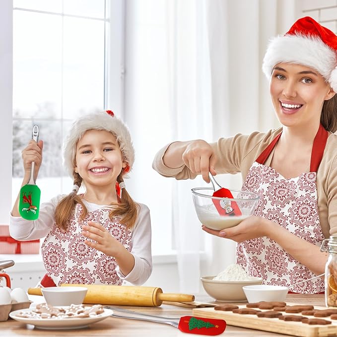 Layhit 12 Pcs Christmas Silicone Spatula Xmas Decorating Pattern Spatula with Plastic Handle Christmas Kitchen Utensils Holiday Cute Pan Scraper for Cake Cooking Baking Cookie Mixing Stir Butter Cream
