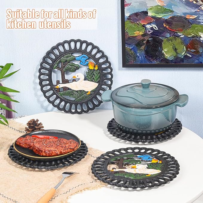 Sungmor Heavy Duty Cast Iron Trivet,Decorative Painting Trivet for Kitchen or Dinning Table,7.5x7.5 Inch - Round with Vintage Lovely Duck Pattern