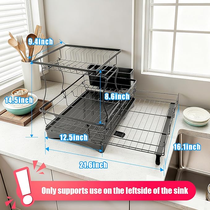 Extendable 2 Tier Stainless Steel Dish Drying Rack | Large Over-The-Sink Rust-Resistant Rack | High Capacity with Utensil Holder | Efficient Kitchen Counter Organization & Space Saving