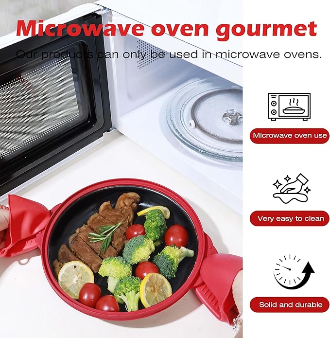 Microwave Grill Pan with Glass Lid, Microwave Griller & Crisper Pan for Grilling, Frying, Browning and Crisping, Multi-Purpose Microwave Cookware for Grill Meat, Sandwich & Vegetable